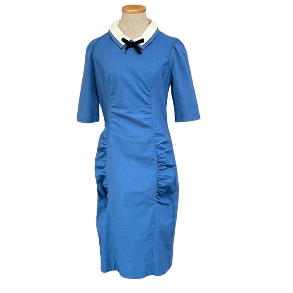 Emmy Sheath Dress Mod Retro NWT Blue White Ruched Size 10
